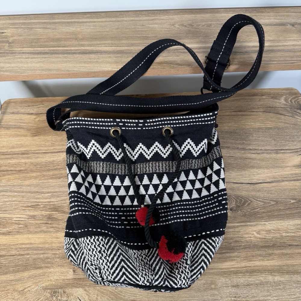World Market Bucket Bag Boho Black‎ White Gold Red Pom Detail